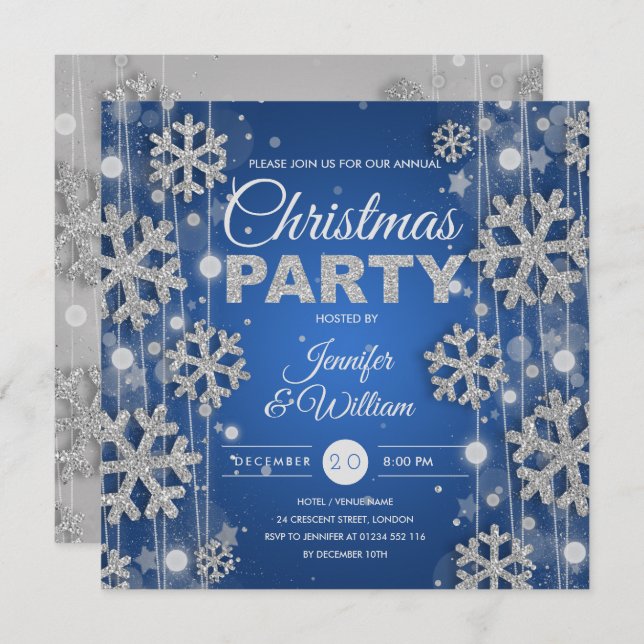 Elegant Silver Blue Winter Glam Christmas Party Invitation (Front/Back)