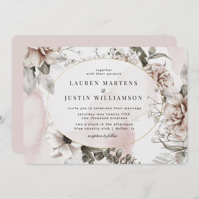 elegant silver blush floral Wedding Invitation (Front/Back)