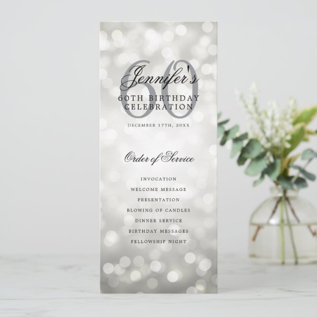 Elegant Silver Bokeh 60th Birthday Program w/ Menu Invitation (Standing Front)