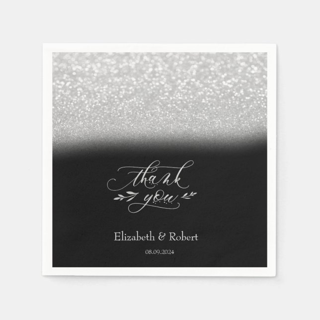 Elegant Silver Bokeh Black Thank You Card Napkin (Front)