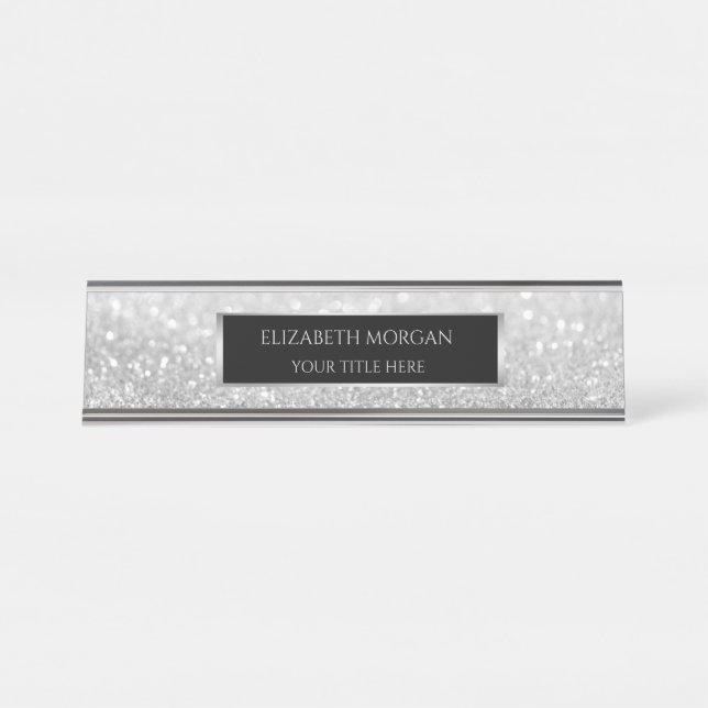 Elegant Silver Bokeh Frame Desk Name Plate (Front)