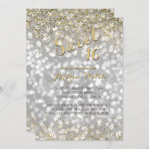 Elegant Silver Bokeh Lights Gold Confetti Sweet 16 Invitation