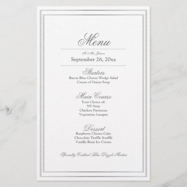 Elegant Silver Border Wedding Dinner Menu (Front)