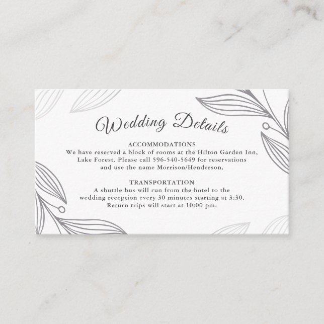 Elegant Silver Botanical Wedding Details Website Enclosure Card (Front)