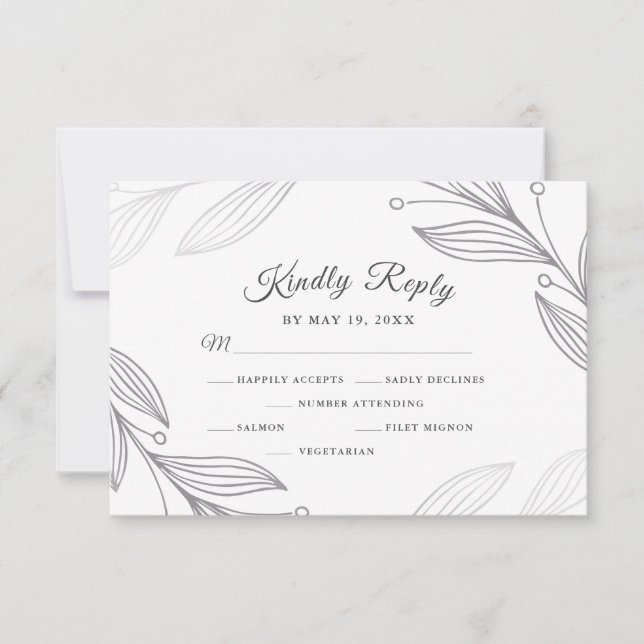 Elegant Silver Botanical Wedding Dinner Choice RSVP Card (Front)