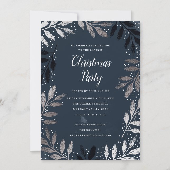 Elegant Silver Branch Foliage Christmas Party Invitation (Front)