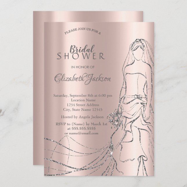 Elegant Silver Bride, Rose Gold Bridal Shower Invi Invitation (Front/Back)