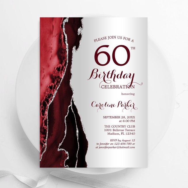 Elegant Silver Burgundy Red Agate 60th Birthday Invitation (Creator Uploaded)