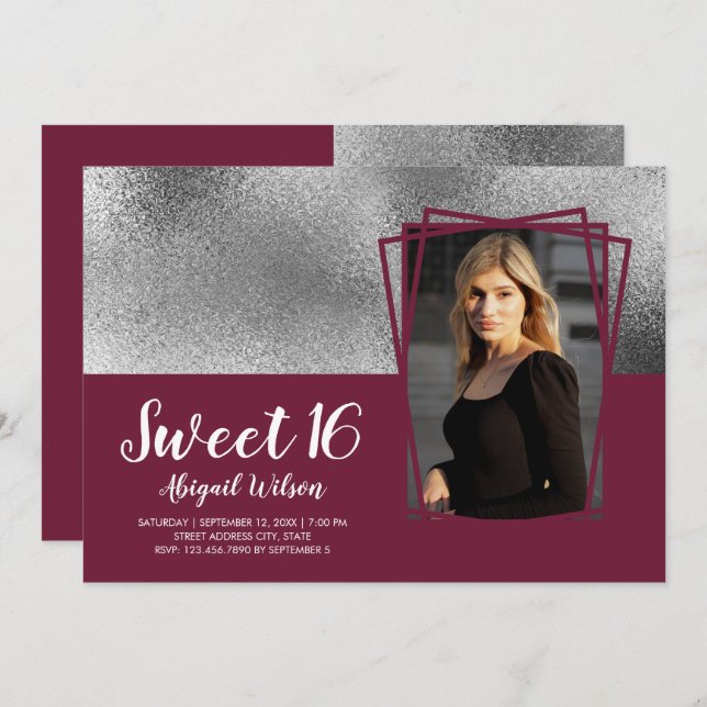 Elegant silver & burgundy sweet sixteen birthday invitation (Front/Back)