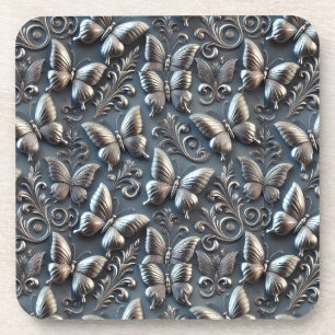 Elegant Silver Butterflies with Ornate Floral Patt Coaster