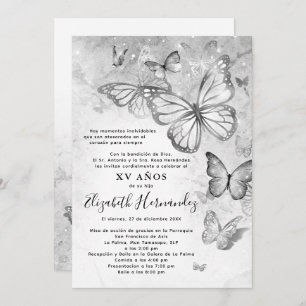 Elegant Silver Butterfly Spanish Quinceanera Invitation