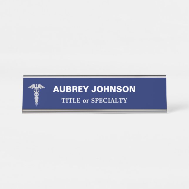 Elegant Silver Caduceus on Navy Blue Desk Name Plate (Front)