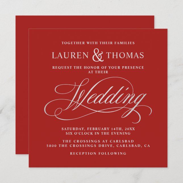 Elegant Silver Calligraphy on Rich Red Wedding Invitation (Front/Back)