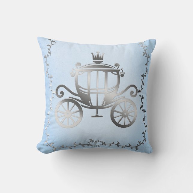Elegant Silver Carriage Blue Storybook Princess Cushion (Front)