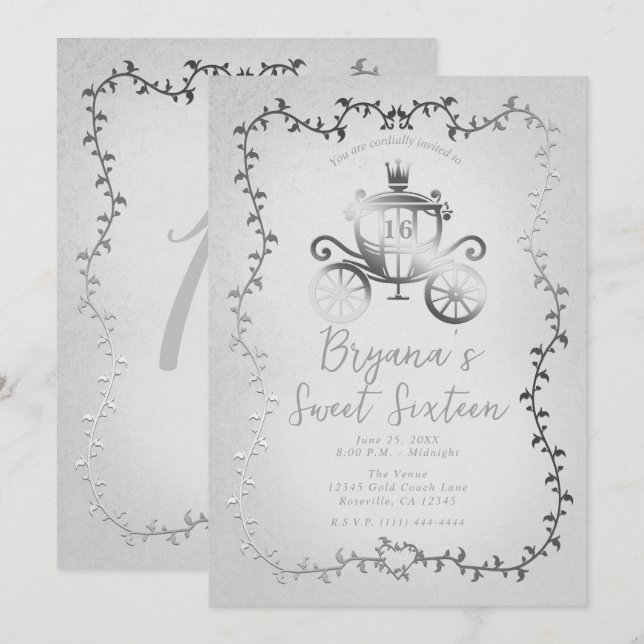 Elegant Silver Carriage White Storybook Sweet 16 Invitation (Front/Back)