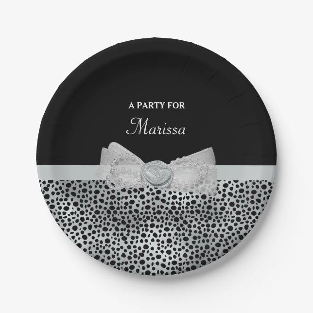 Elegant Silver Cheetah Print Frilly Bow Party Name Paper Plate (Front)