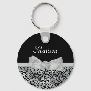 Elegant Silver Cheetah Print Frilly Bow With Name Key Ring