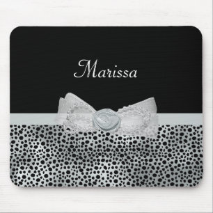 Elegant Silver Cheetah Print Frilly Bow With Name Mouse Pad