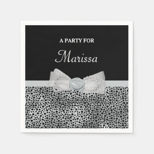 Elegant Silver Cheetah Print Frilly Bow With Name Napkin