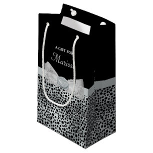 Elegant Silver Cheetah Print Frilly Bow With Name Small Gift Bag