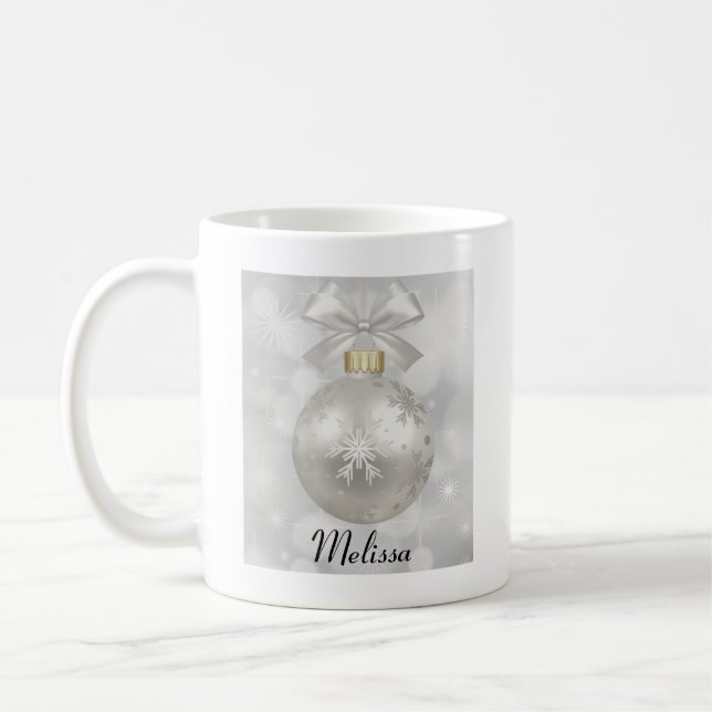 Elegant Silver Christmas Ball on Bokeh Lights Coffee Mug (Left)