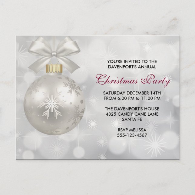 Elegant Silver Christmas Ball Party Invite Postcard (Front)