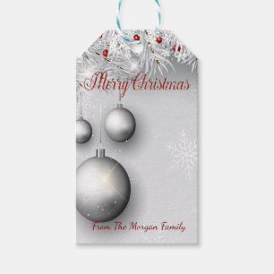 Elegant Silver Christmas Balls, Pine Tree Branches Gift Tags