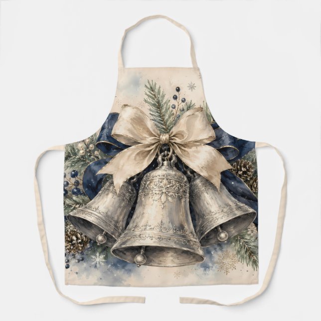 Elegant Silver Christmas Bells Watercolor Apron (Front)
