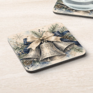Elegant Silver Christmas Bells Watercolor Coaster