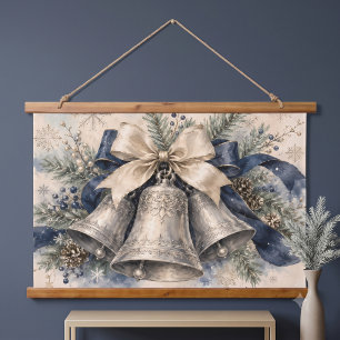 Elegant Silver Christmas Bells Watercolor Hanging Tapestry