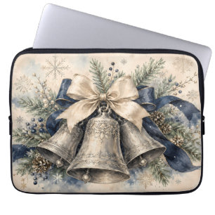 Elegant Silver Christmas Bells Watercolor Laptop Sleeve