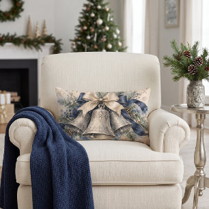 Elegant Silver Christmas Bells Watercolor Lumbar Cushion