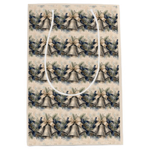Elegant Silver Christmas Bells Watercolor Medium Gift Bag