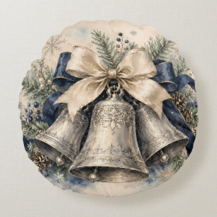 Elegant Silver Christmas Bells Watercolor Round Cushion