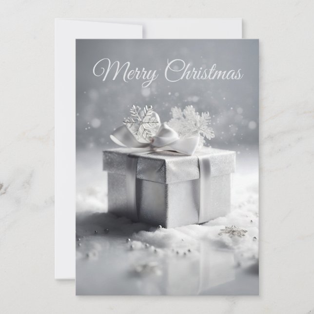 Elegant Silver Christmas Gift Box with Snowflakes  Holiday Card (Front)