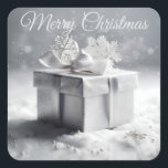 Elegant Silver Christmas Gift Box with Snowflakes  Square Sticker<br><div class="desc">Capture the magic of the holidays with this elegant design featuring a silver gift box surrounded by sparkling snowflakes. Above it,  shimmering silver "Merry Christmas" text adds a festive touch,  Celebrate the season with timeless elegance and a wintry charm!</div>
