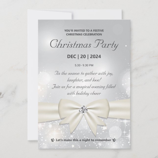 Elegant Silver Christmas Party Bow and Sparkles Invitation (Front)