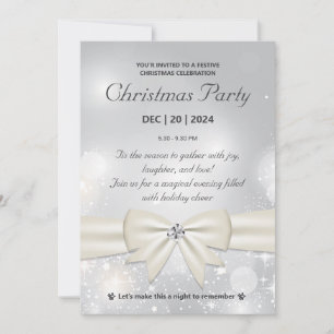 Elegant Silver Christmas Party Bow and Sparkles Invitation