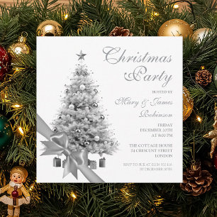 Elegant Silver Christmas Tree & Bow Holiday Party  Invitation