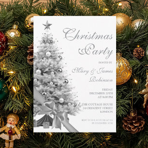 Elegant Silver Christmas Tree Bow Holiday Party Invitation