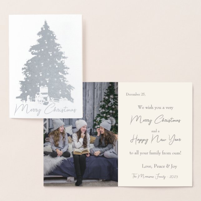 Elegant Silver Christmas Tree & Gifts Photo Real Foil Card (Display)