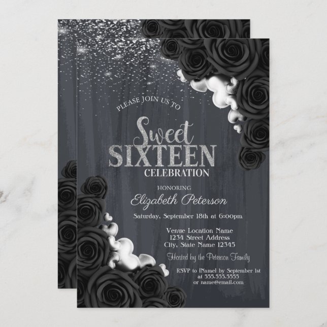 Elegant  Silver Confetti Black Roses Sweet 16 Invitation (Front/Back)