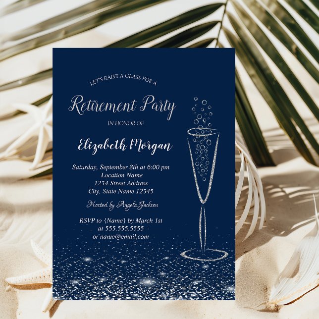 Elegant Silver Confetti Glass Navy Blue Retirement Invitation (Creator Uploaded)