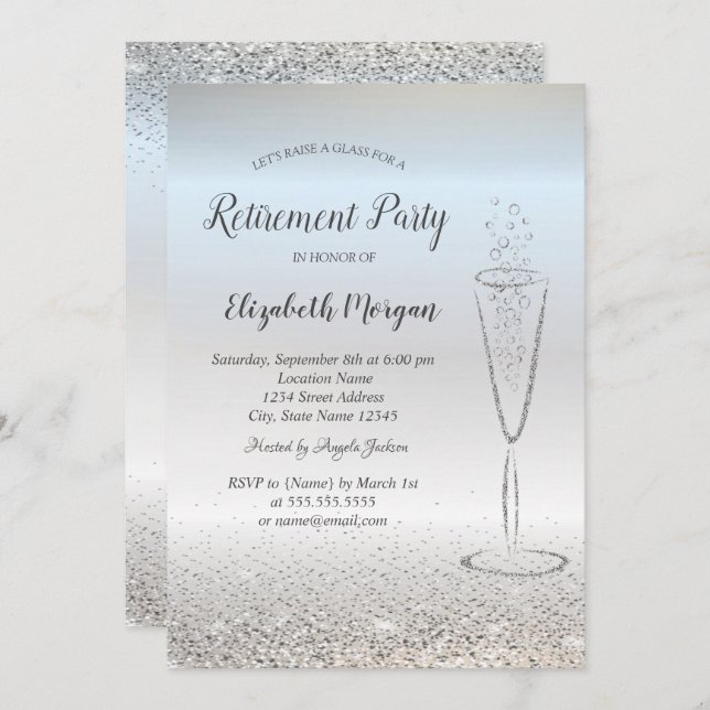 Elegant Silver Confetti Glass Silver Retirement Invitation (Front/Back)