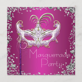 Elegant Silver Confetti Hot Pink Masquerade Party Invitation