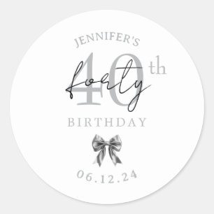 Elegant Silver Coquette Bow 40th Birthday Party Classic Round Sticker