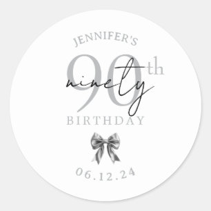 Elegant Silver Coquette Bow 90th Birthday Party Classic Round Sticker