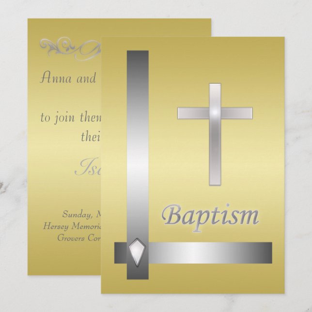 Elegant silver Cross Baptism Christening  Invitation (Front/Back)