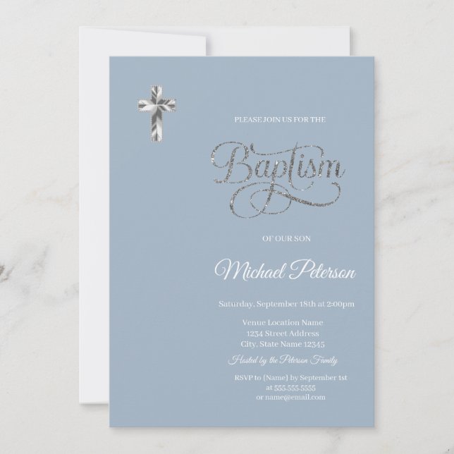  Elegant Silver Cross Baptism Dusty Blue Invitation (Front)