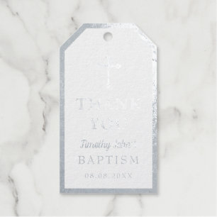 Elegant Silver Cross Baptism Photo Gift Tags